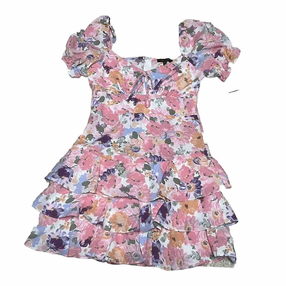 NWT City Studios Junior's Floral Ruffle Tier Fit & Flare Keyhole Dress Pink SZ S